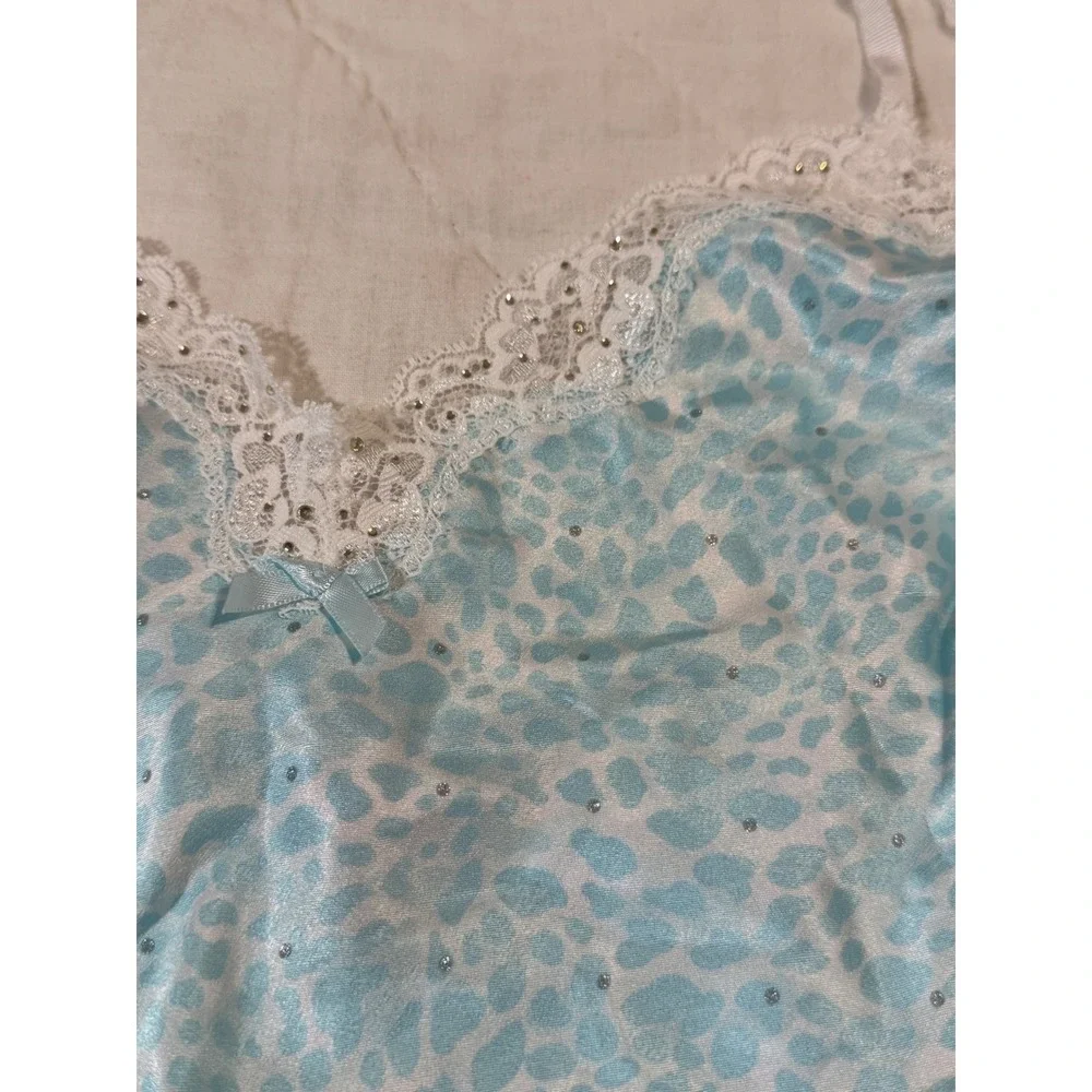 Victorias Secret Blue Leopard Satin Lace Trim Slip Dress Med Rhinestone Nighty